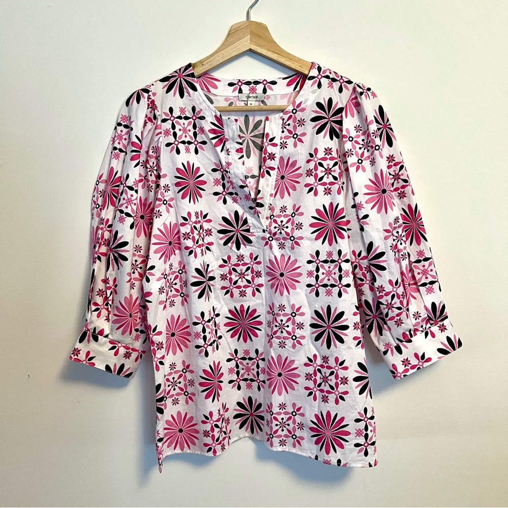 Tyler Boe Pippa Poplin Kalidescope Top Blouse for Women Pink White Medium
